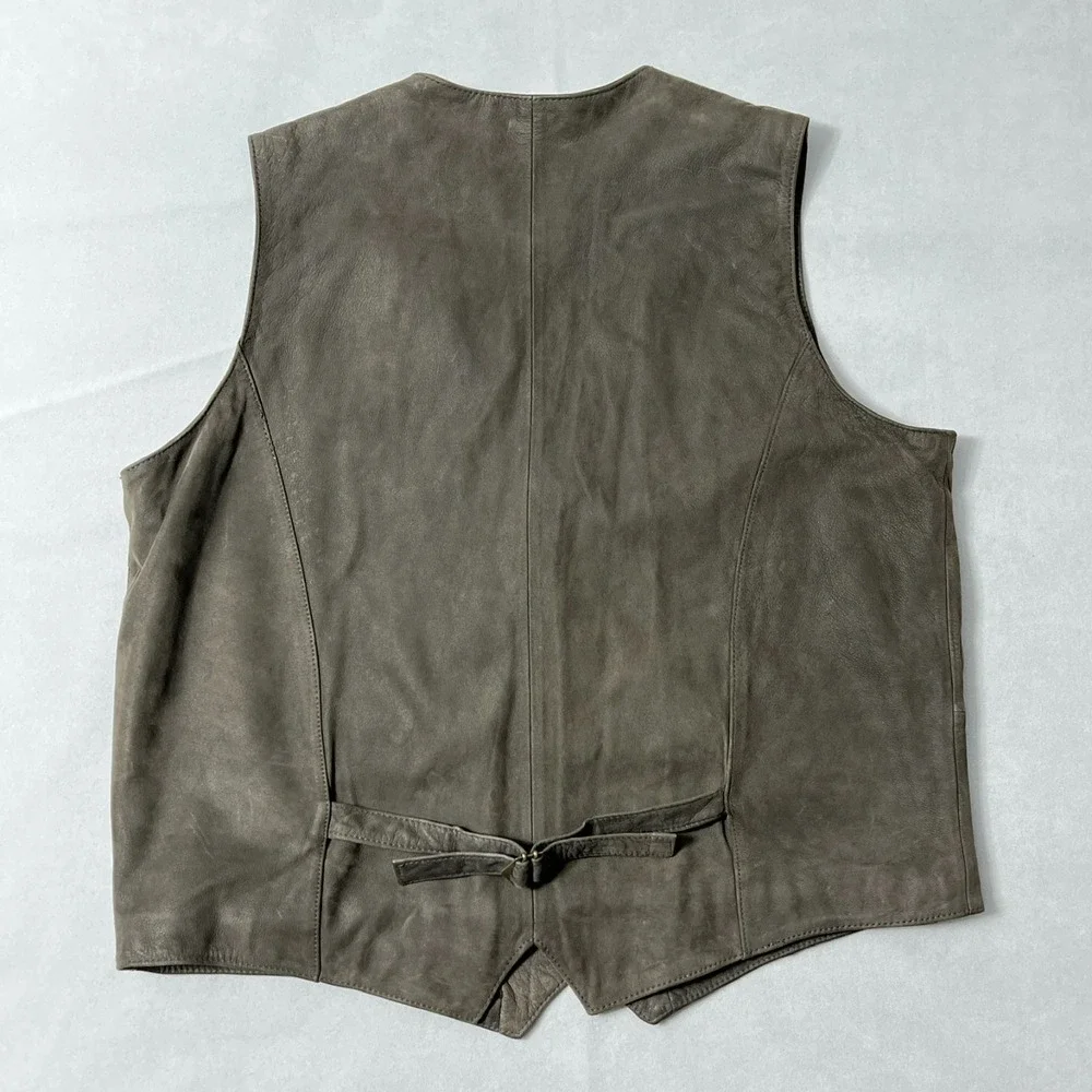 Green Fields Leather Vest Men XXL Brown Taupe Pockets Plaid Lining